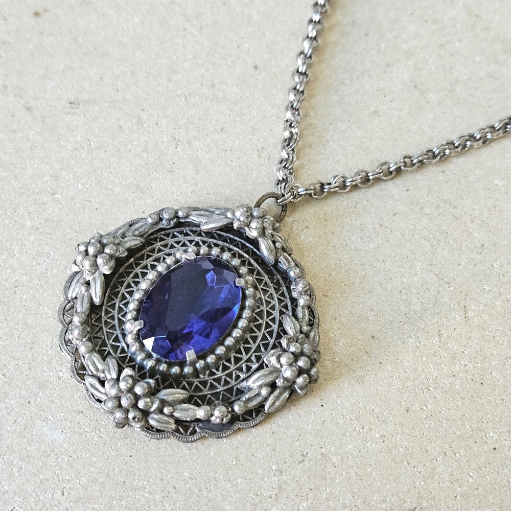 Vtg Antique Silver Tone Filigree‎ Blue Glass Stone Pendant Necklace Victorian